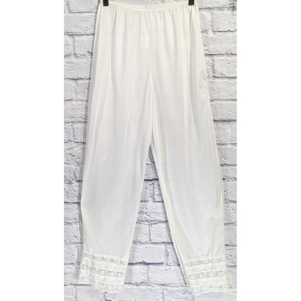 MADE USA😍Vntg Velrose M‎ White Nylon Lace Long Lounge Pants Lingerie Pantaloons